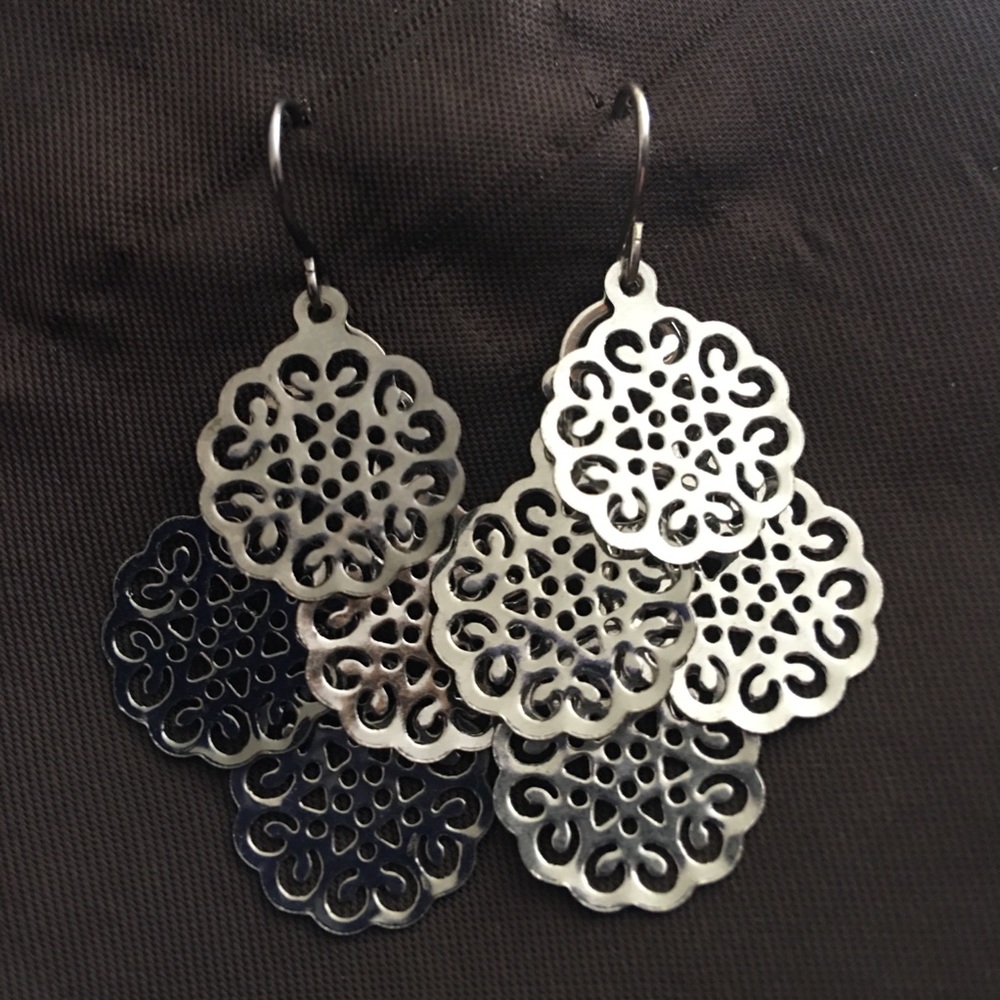 Silver tone dangle scroll disc fish hook earrings